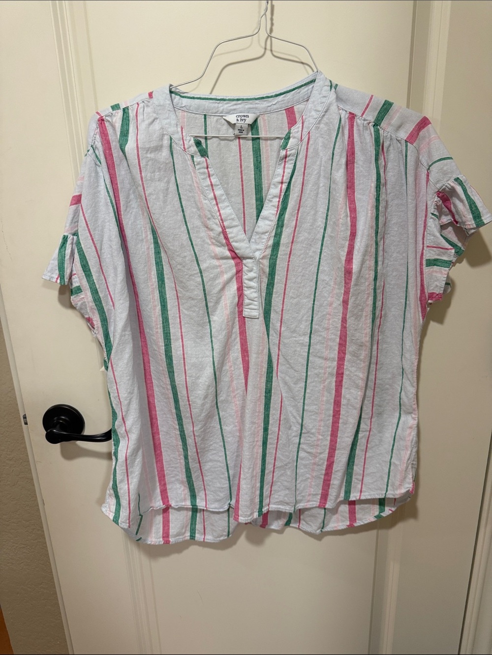 crown & ivy White Blouse with Pink and Green Stripes
